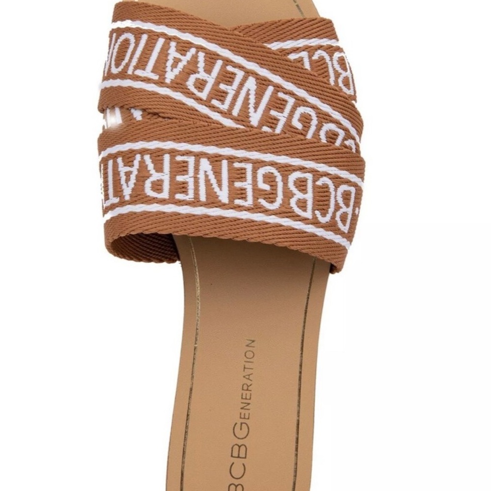 BCBGeneration Woven Logo Slide Sandal in Tan and White